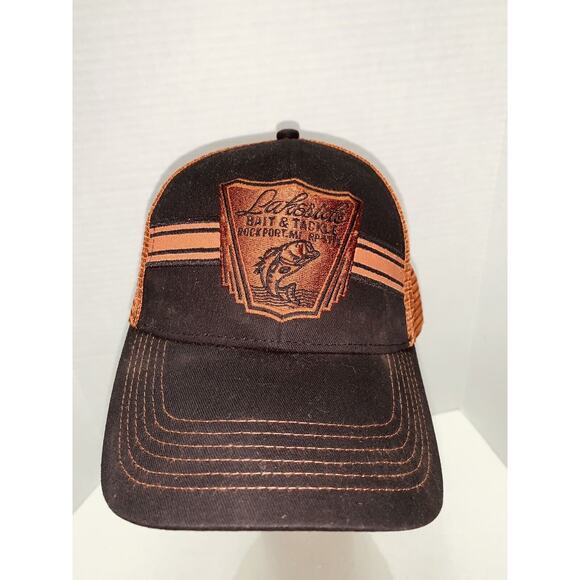 Lakeside Bait & Tackle Trucker Hat Cap Mesh Snapback Sewn Burnt Sienna Black - Picture 2 of 10